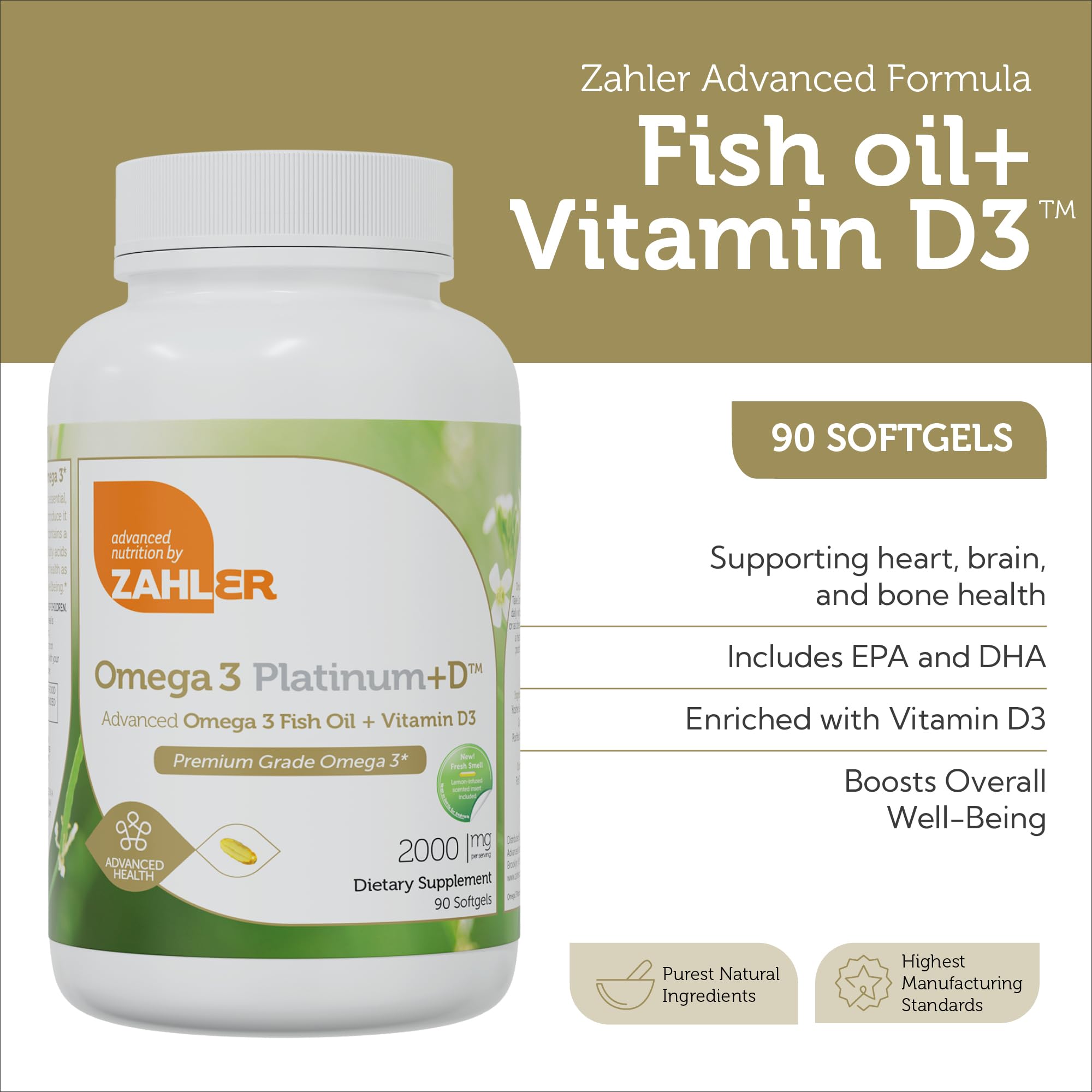 Close-up of Zahler Omega 3 Platinum +D bottle