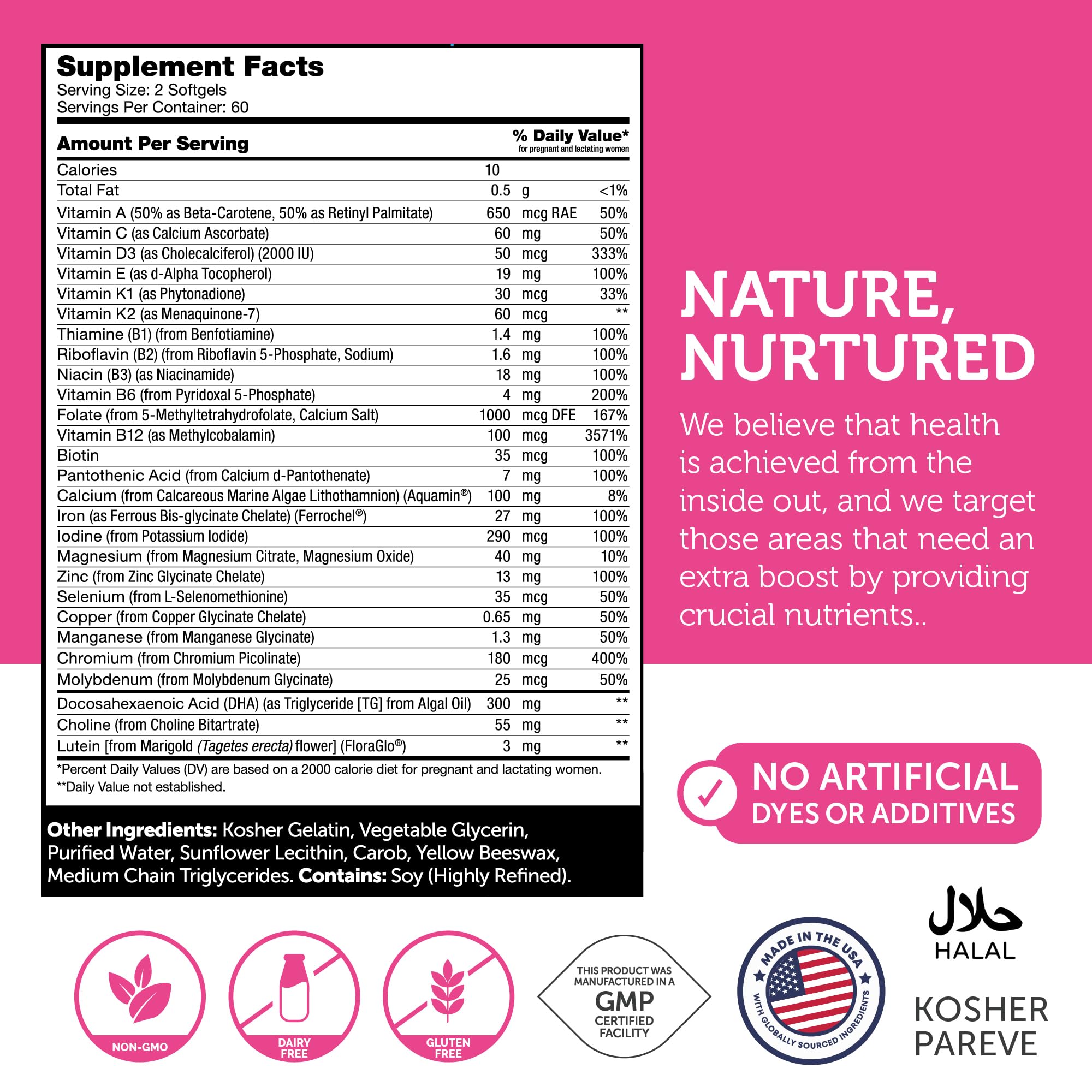 Nutrition label and ingredients overview for Zahler prenatal vitamin