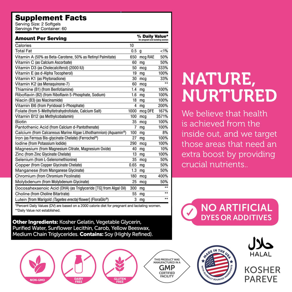 Nutrition label and ingredients overview for Zahler prenatal vitamin