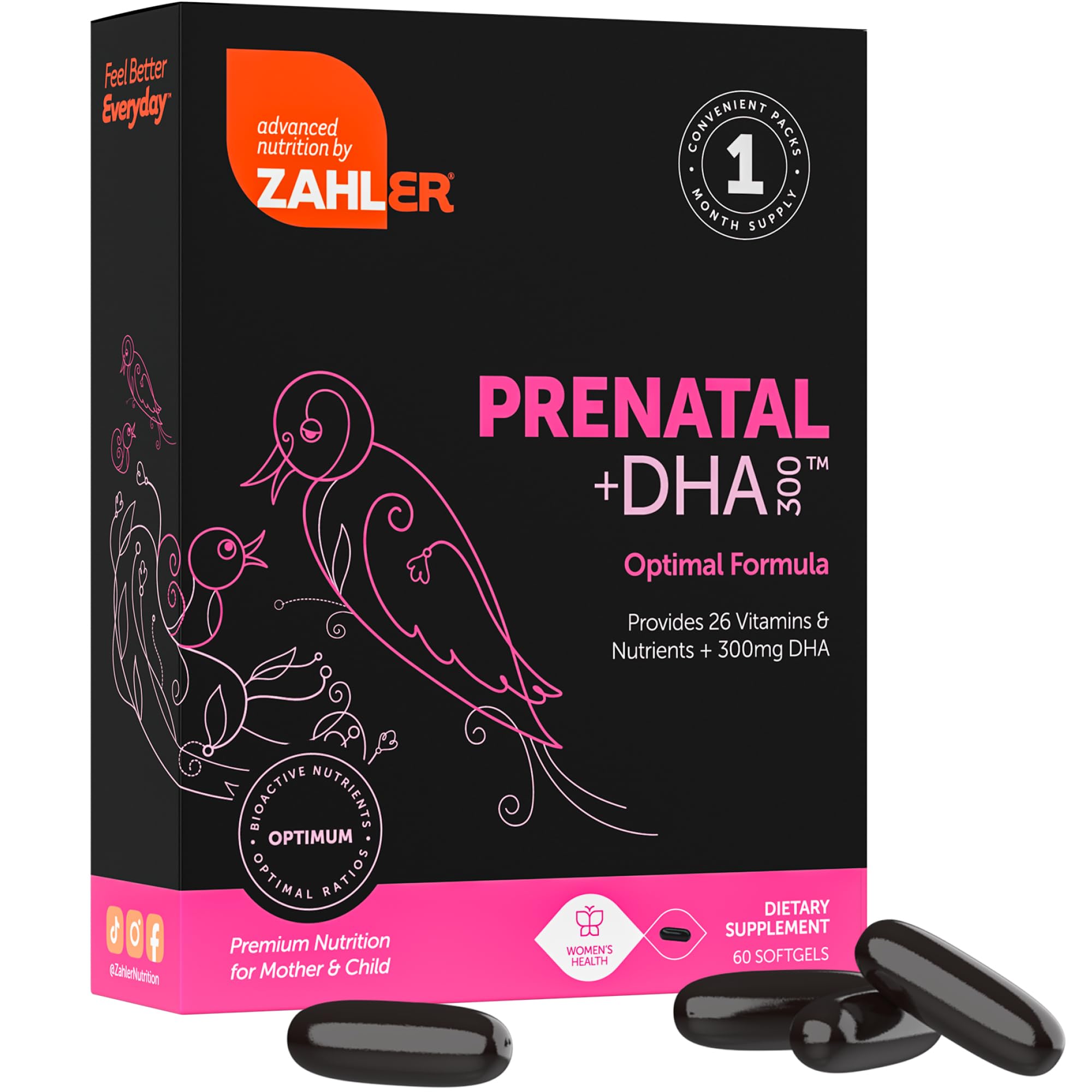 Close-up of Zahler prenatal softgels with DHA & Folate