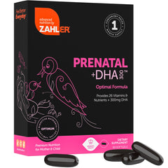 Close-up of Zahler prenatal softgels with DHA & Folate