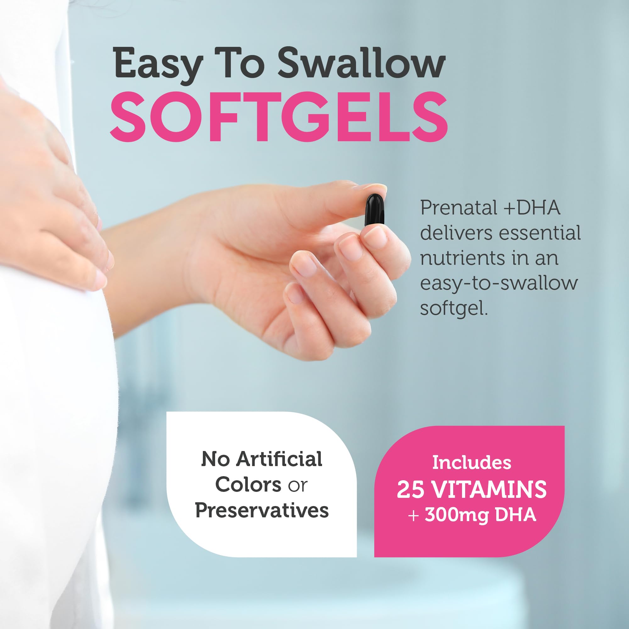 Prenatal vitamin bottle showing iron and DHA content