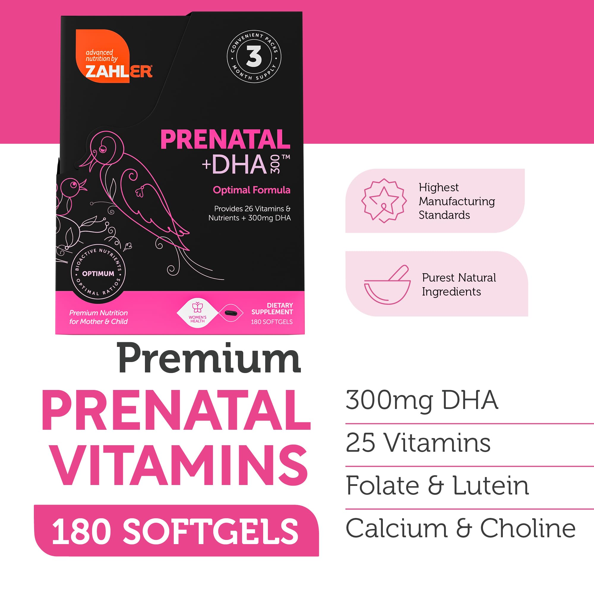 Nutrition facts panel for Zahler Prenatal Vitamin with DHA