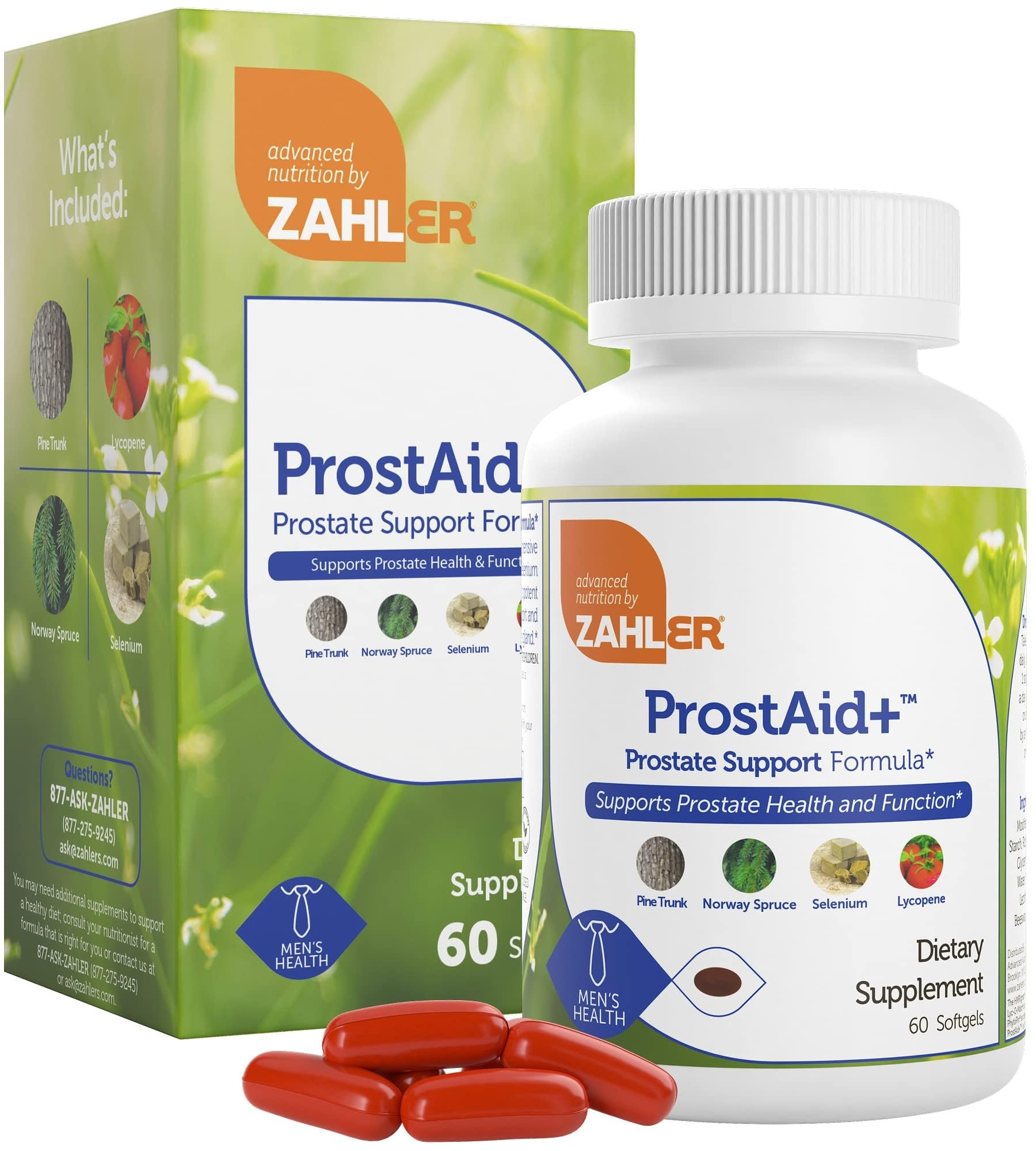 Front view of Zahler Prostaid+ Prostate Supplements bottle with 60 vegetarian softgels
