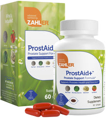 Front view of Zahler Prostaid+ Prostate Supplements bottle with 60 vegetarian softgels