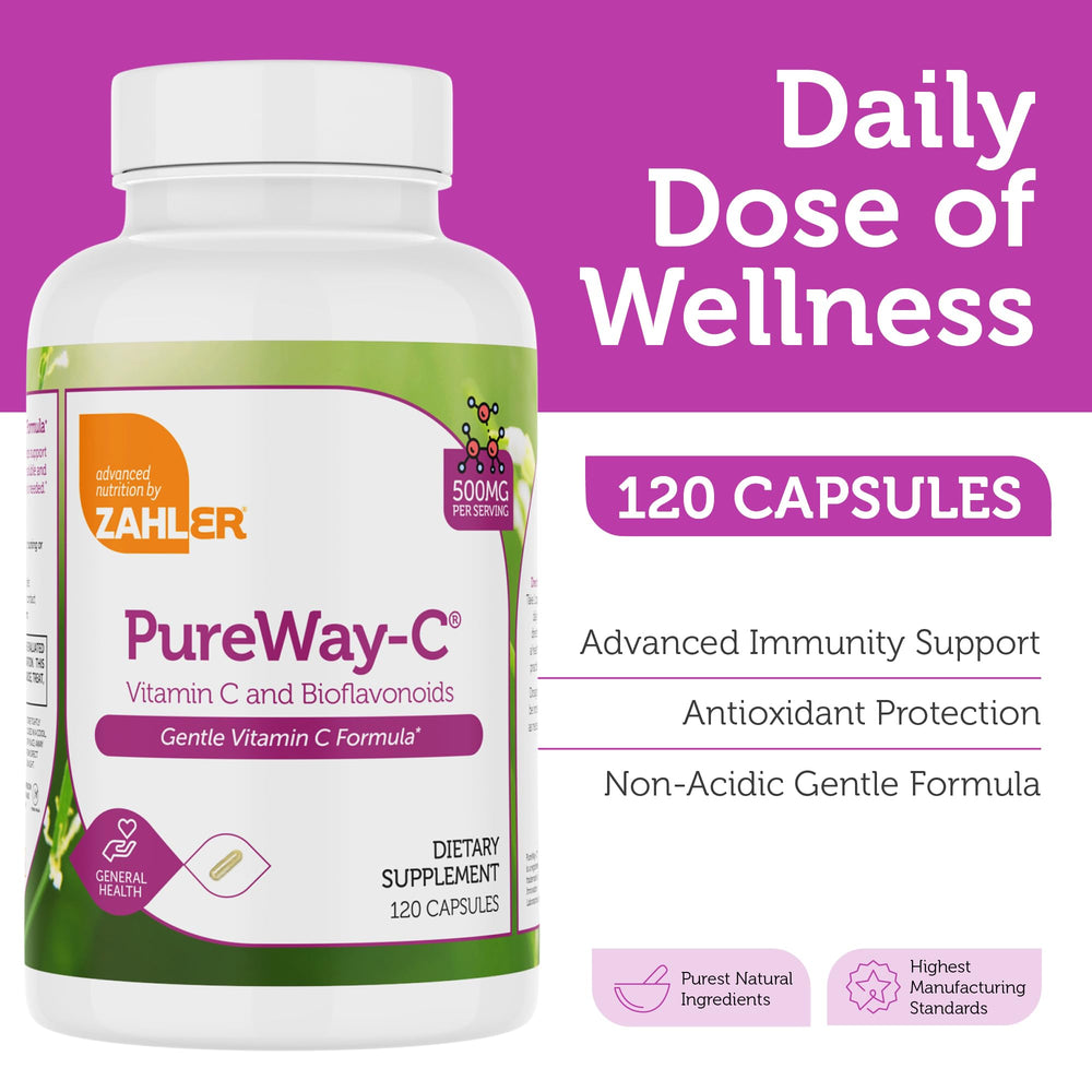 Close-up of Zahler Pureway-C 500mg Vitamin C capsules