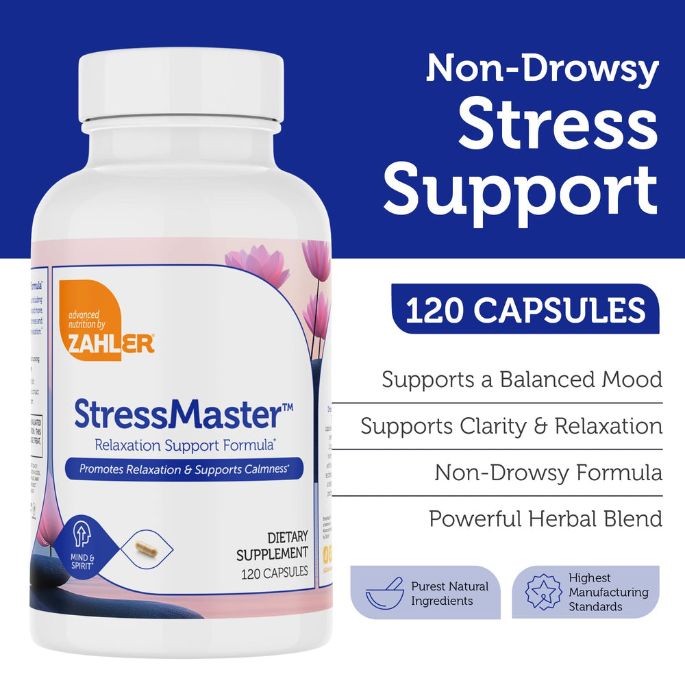 Close-up of Zahler StressMaster capsules beside bottle