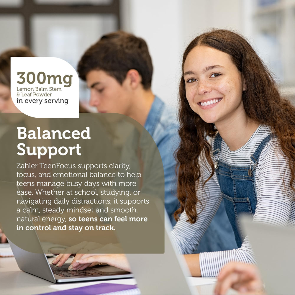 Zahler TeenFocus bottle label highlights kosher-certified advanced formula for concentration