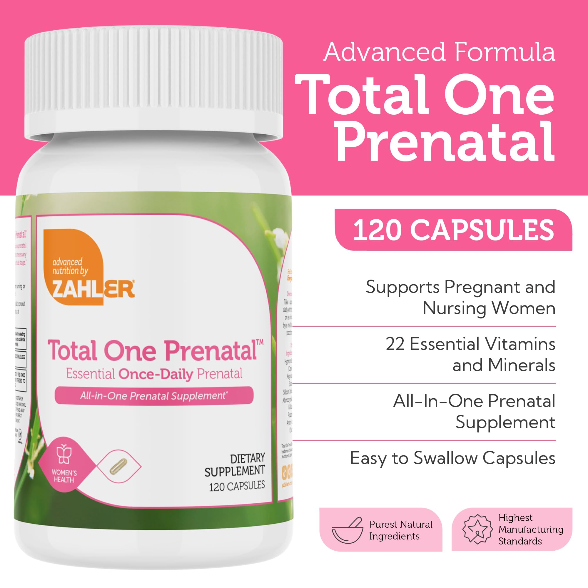 Close-up of Zahler Total One Prenatal capsules
