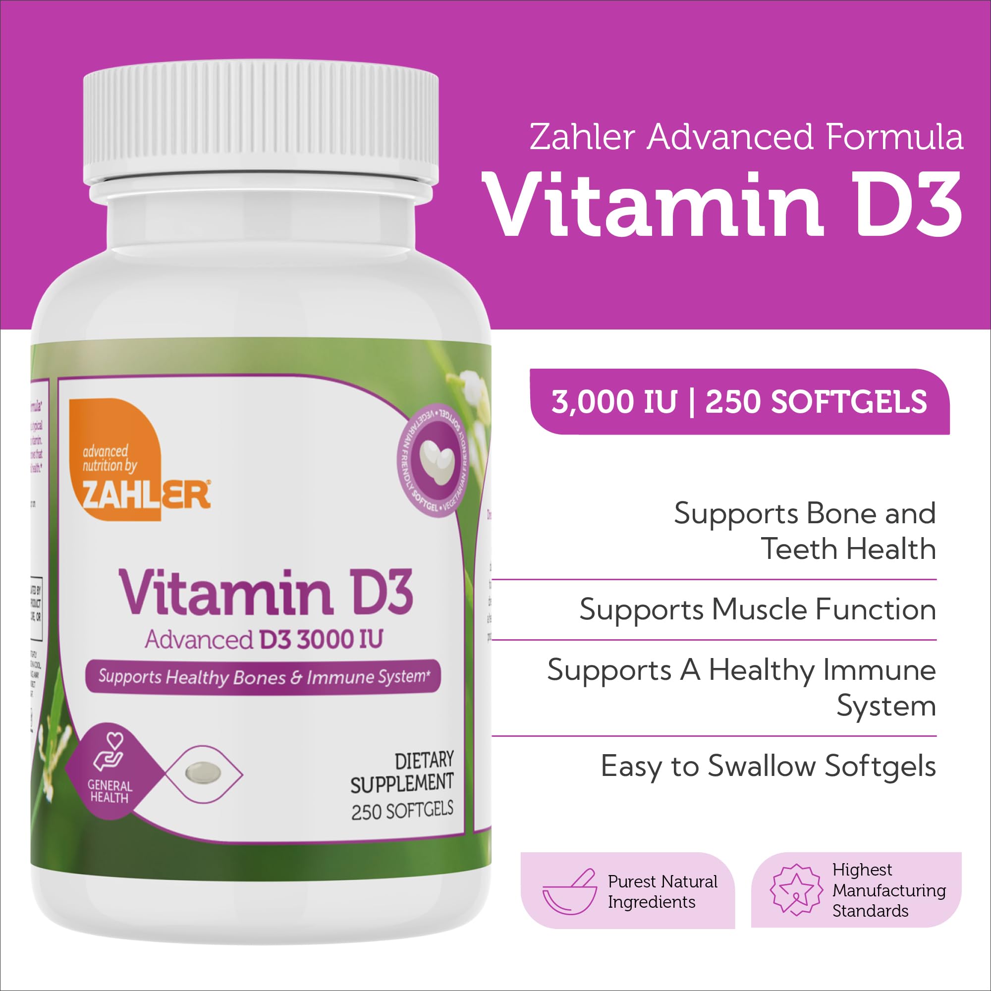 Close-up of Zahler Vitamin D3 3000IU softgels capsules