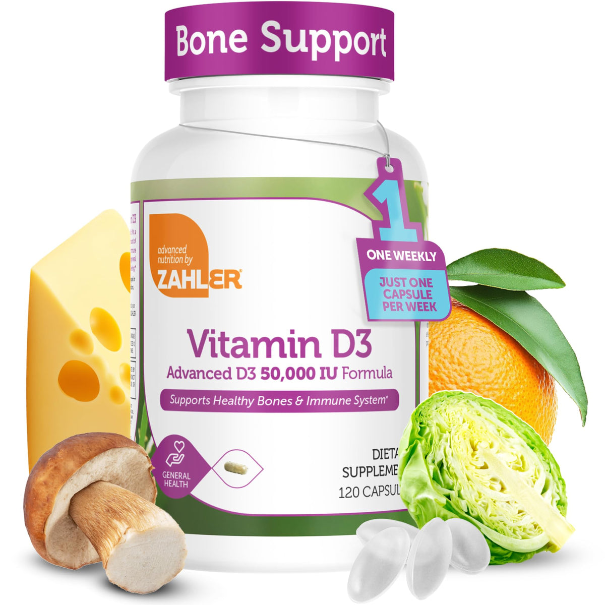 Zahler Vitamin D3 50,000 IU bottle with weekly capsules