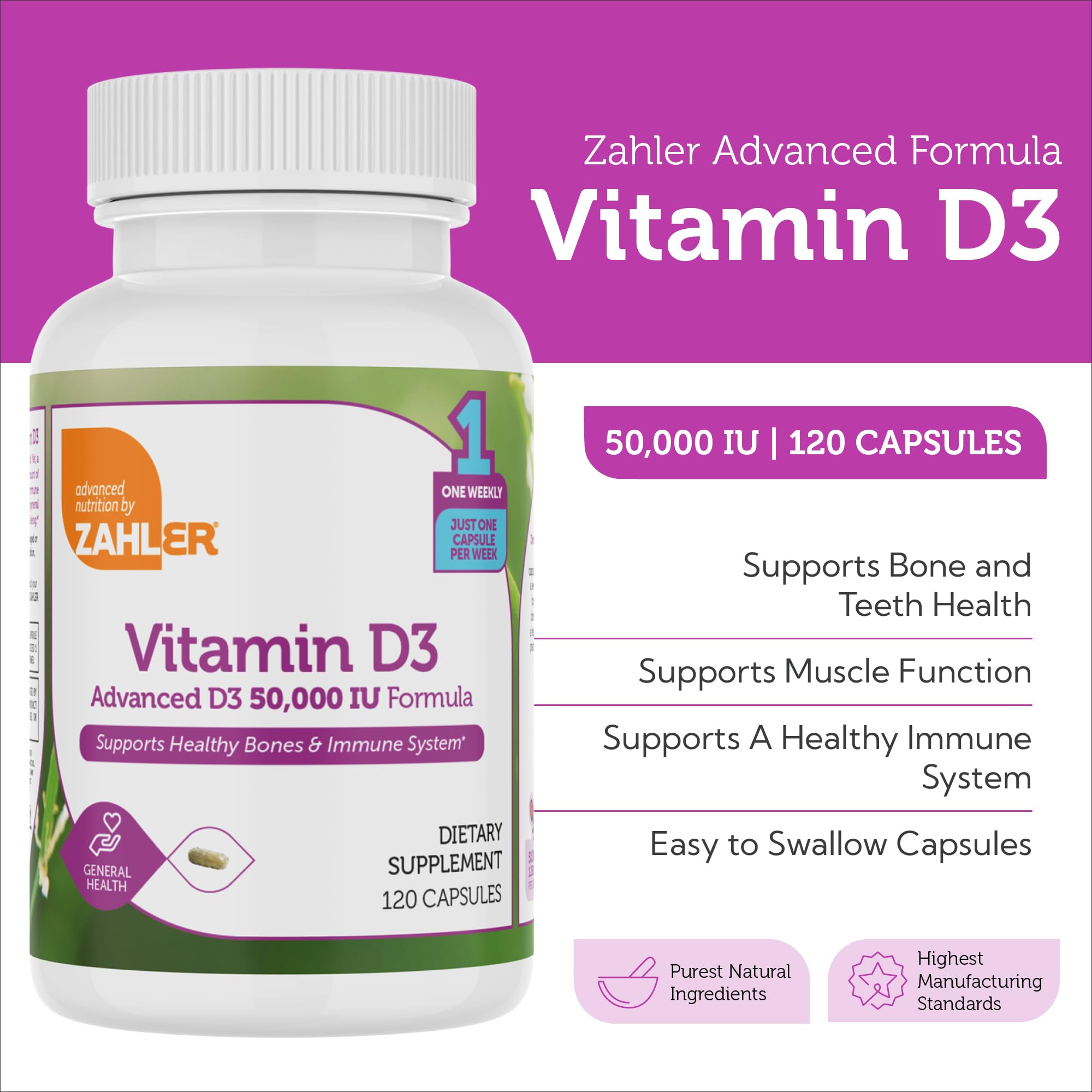 Label highlights 50,000 IU Vitamin D3 and weekly dosage