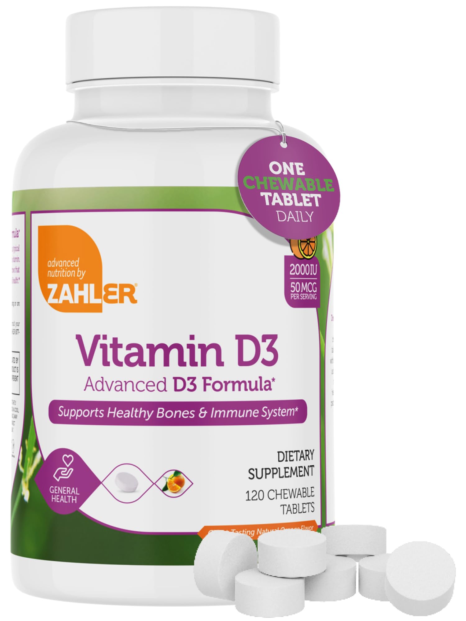 Zahler Vitamin D3 Chewable 2000IU orange-flavored tablets bottle close-up