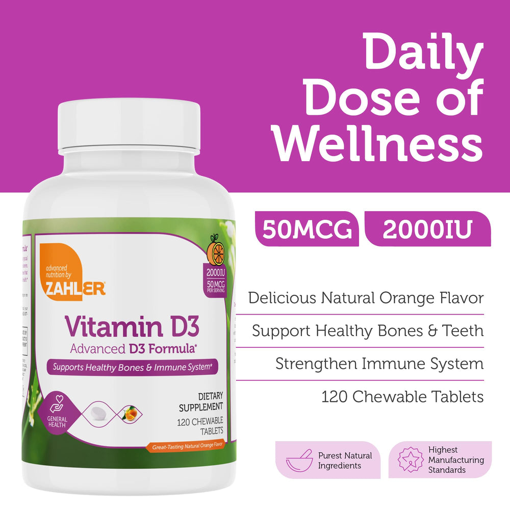 Bottle of Zahler Vitamin D3 chewables with orange flavor