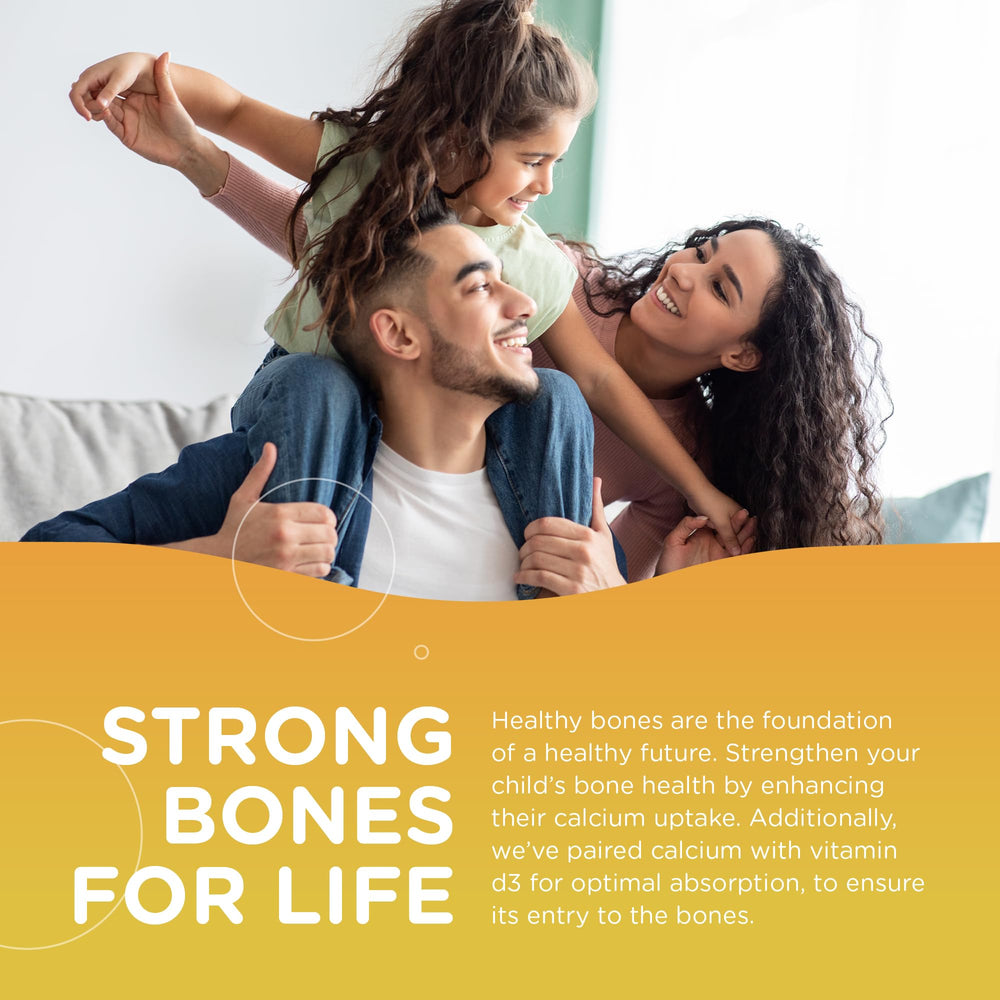 Dosage illustration showing one gummy daily with food