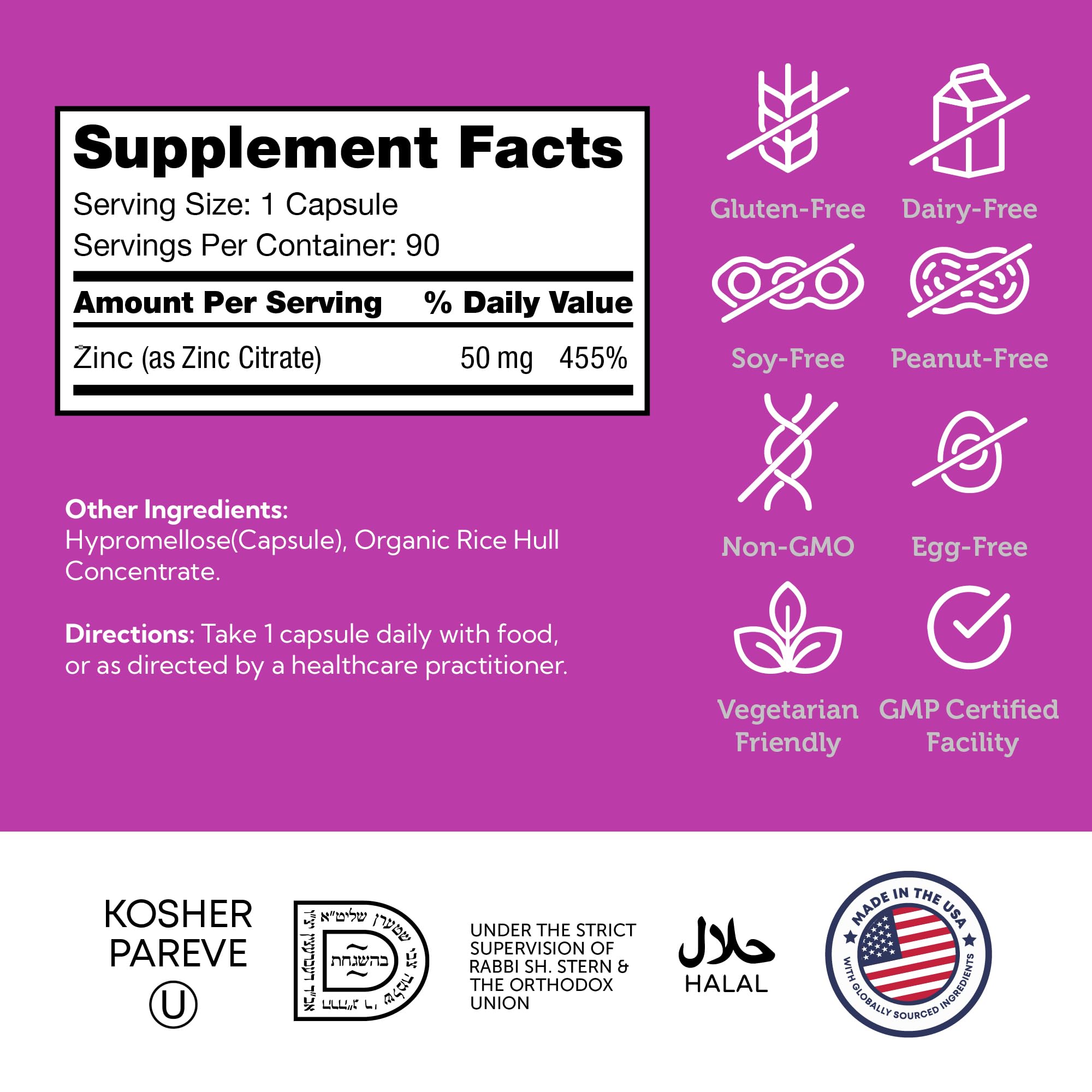 Kosher, gluten-free Zahler Zinc 50mg label