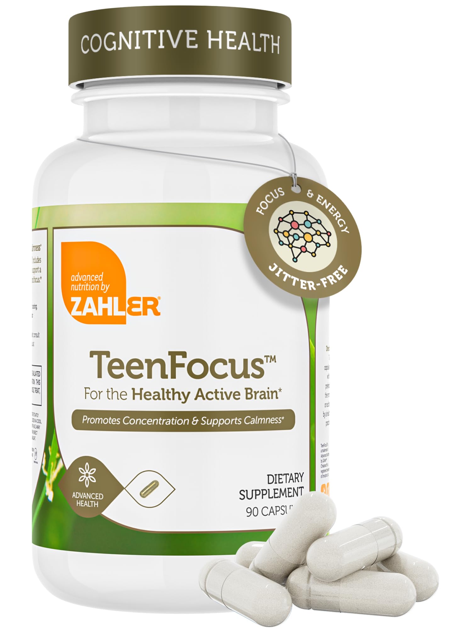 Front view of Zahler TeenFocus 90 capsules bottle