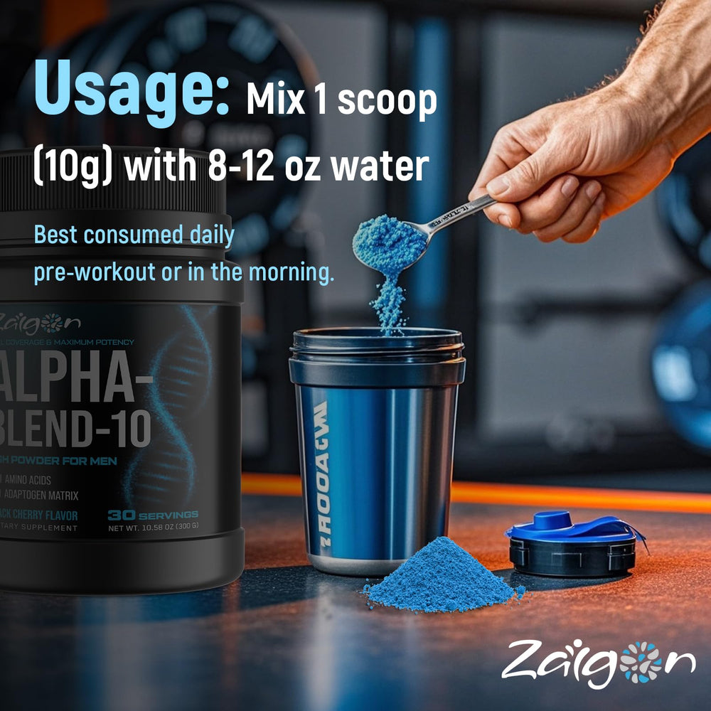 Zaigon HGH bottle label highlights AlphaBlend-10 and clean, disclosed dosages.