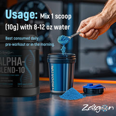 Zaigon HGH bottle label highlights AlphaBlend-10 and clean, disclosed dosages.