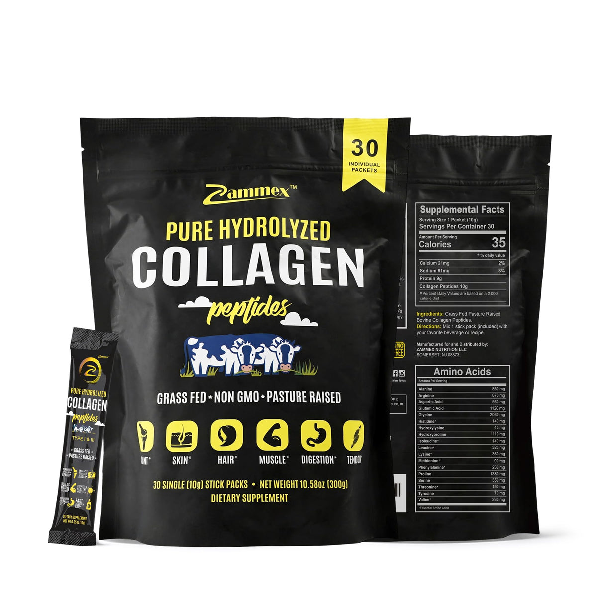 Zammex premium collagen peptides powder travel sticks, Type I & III, unflavored, 10 g per serving