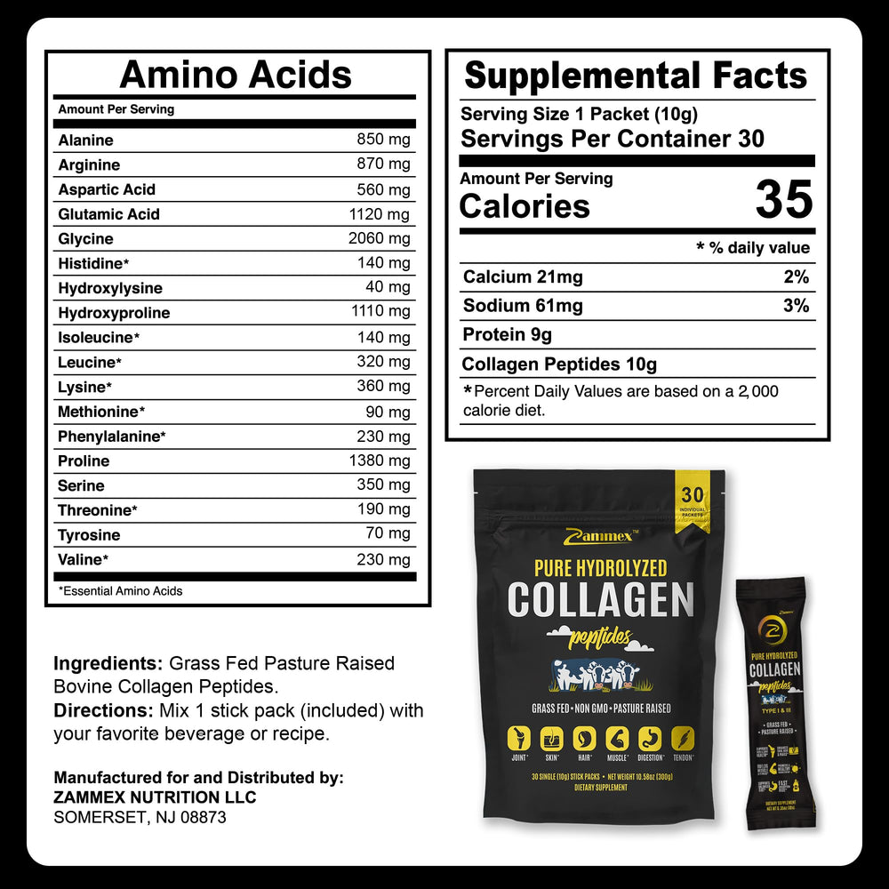 Individual travel packet of Zammex collagen peptides (30 sticks)