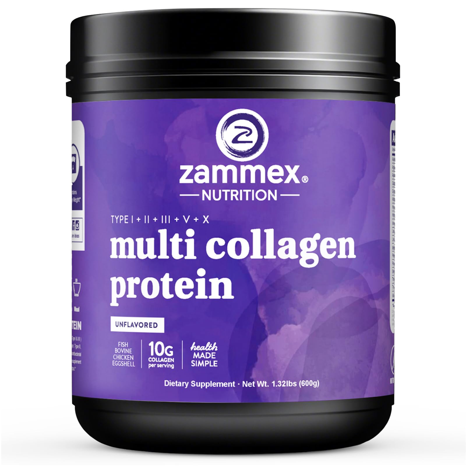 Front view of Zammex Multi Collagen Protein Powder container