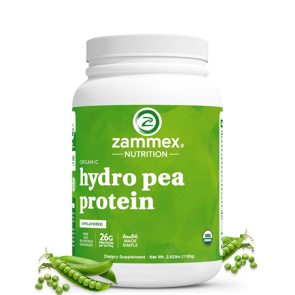 Zammex Organic Pea Protein Powder jar front view, highlighting a pure plant protein option for workouts.