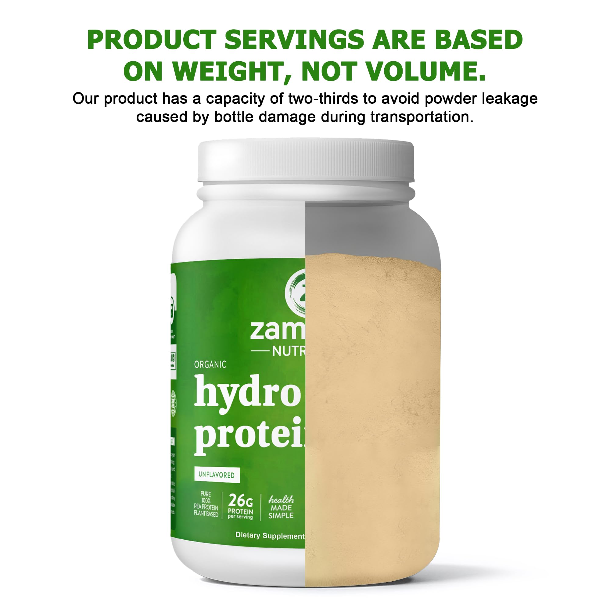 Zammex Organic Pea Protein Powder label shows gluten-free, non-GMO vegan protein.