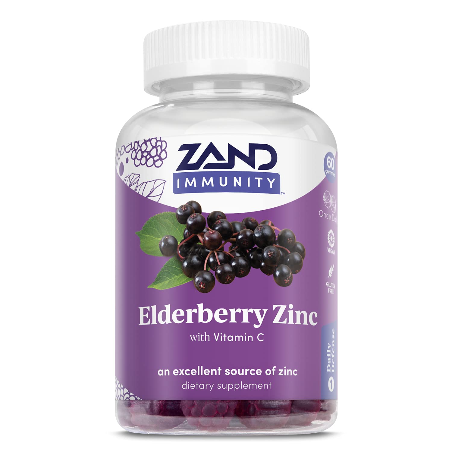 ZAND Elderberry Zinc Immunity Gummies bottle packaging 60 count