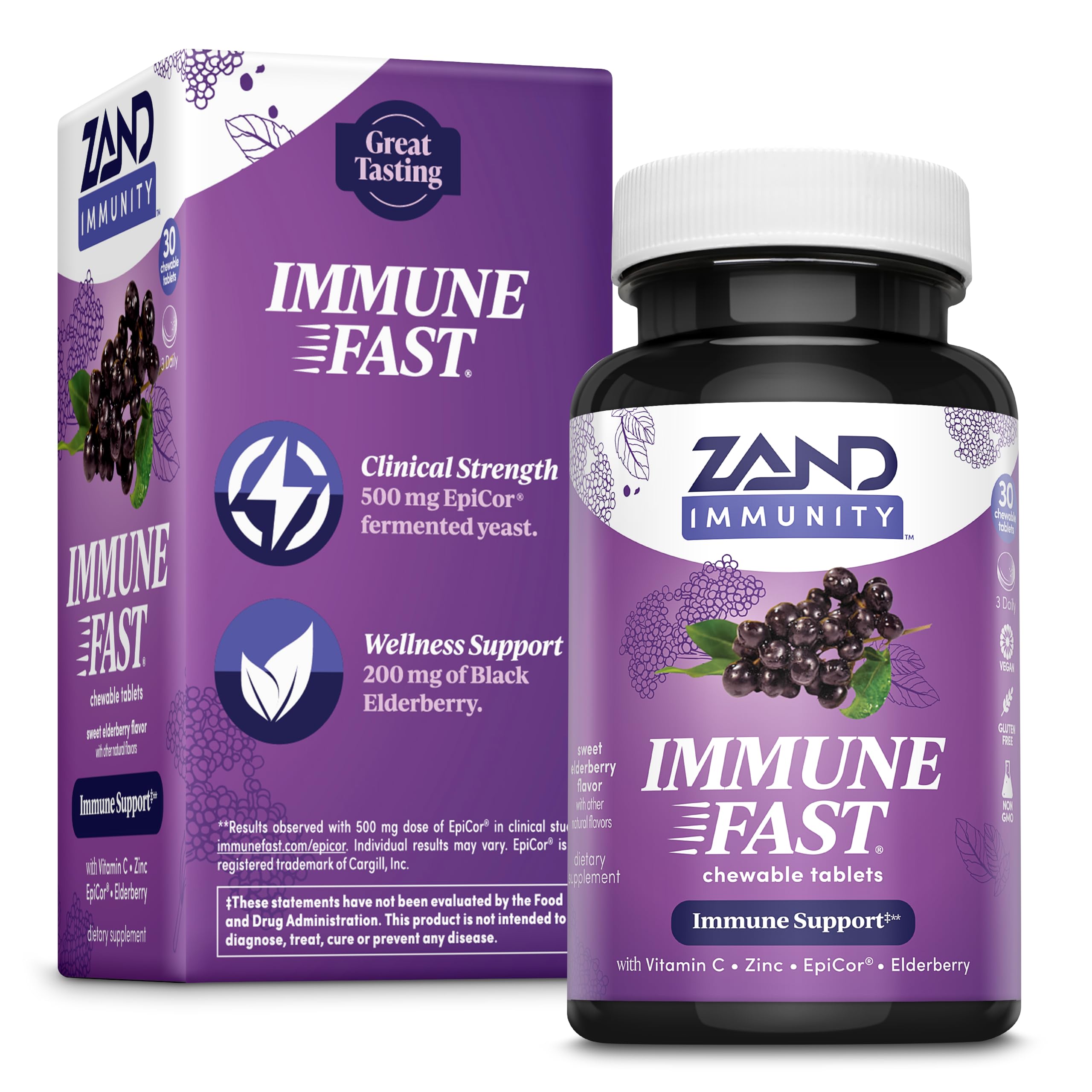 ZAND Immune Fast Elderberry Chews box with orange chewables on white background