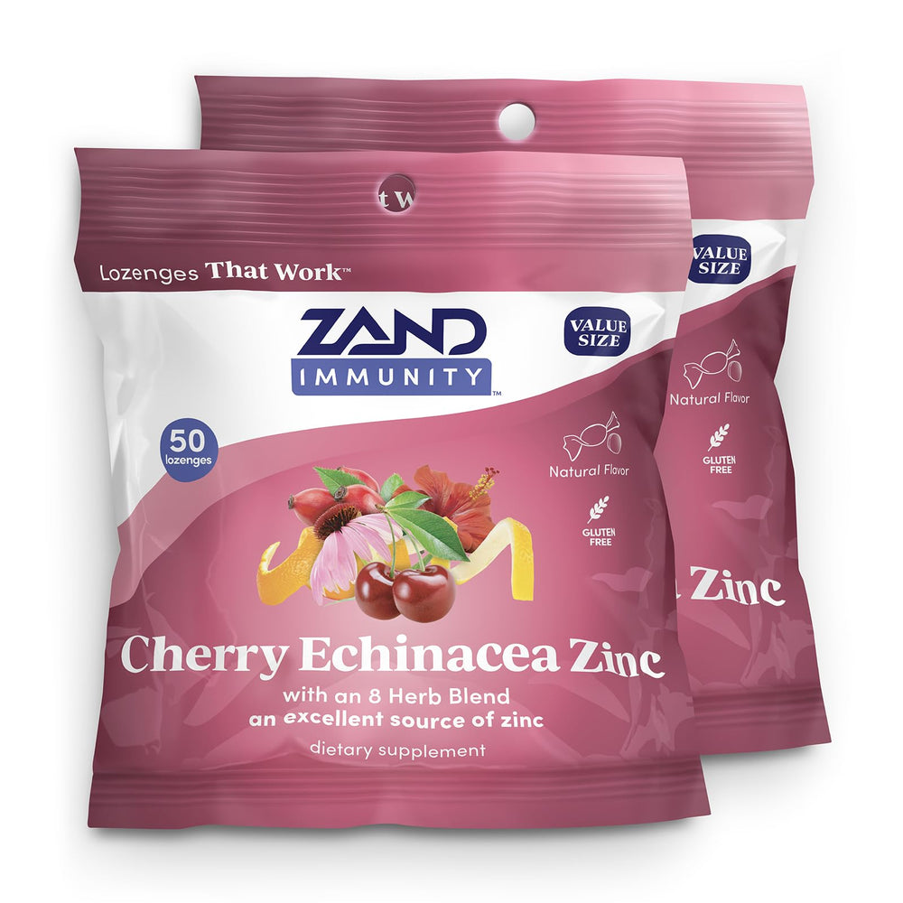 Front view of ZAND Immunity Cherry Echinacea Zinc Throat Lozenges 2 Pack, 50 count per pack