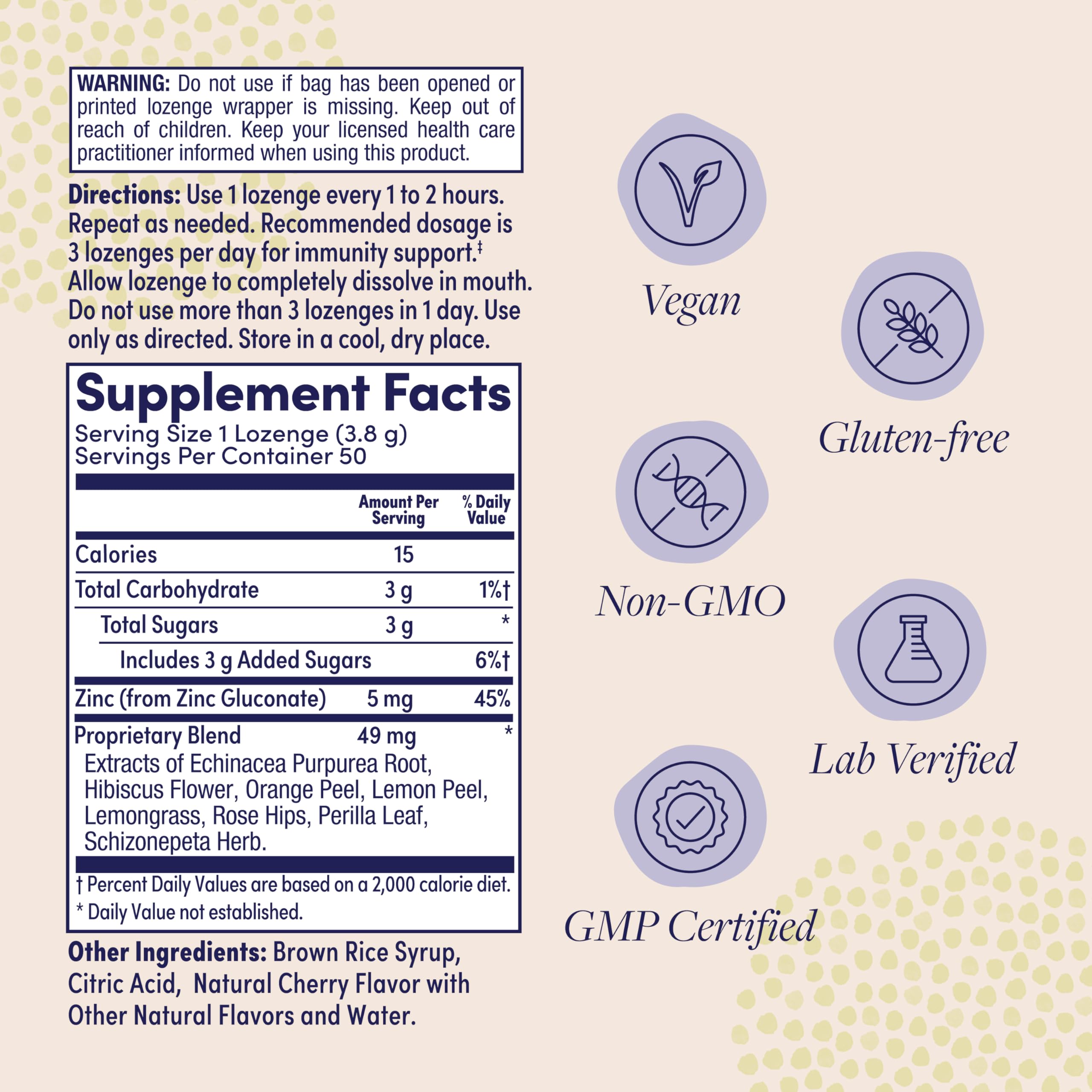 Close-up of Cherry Echinacea Zinc throat lozenges beside packaging