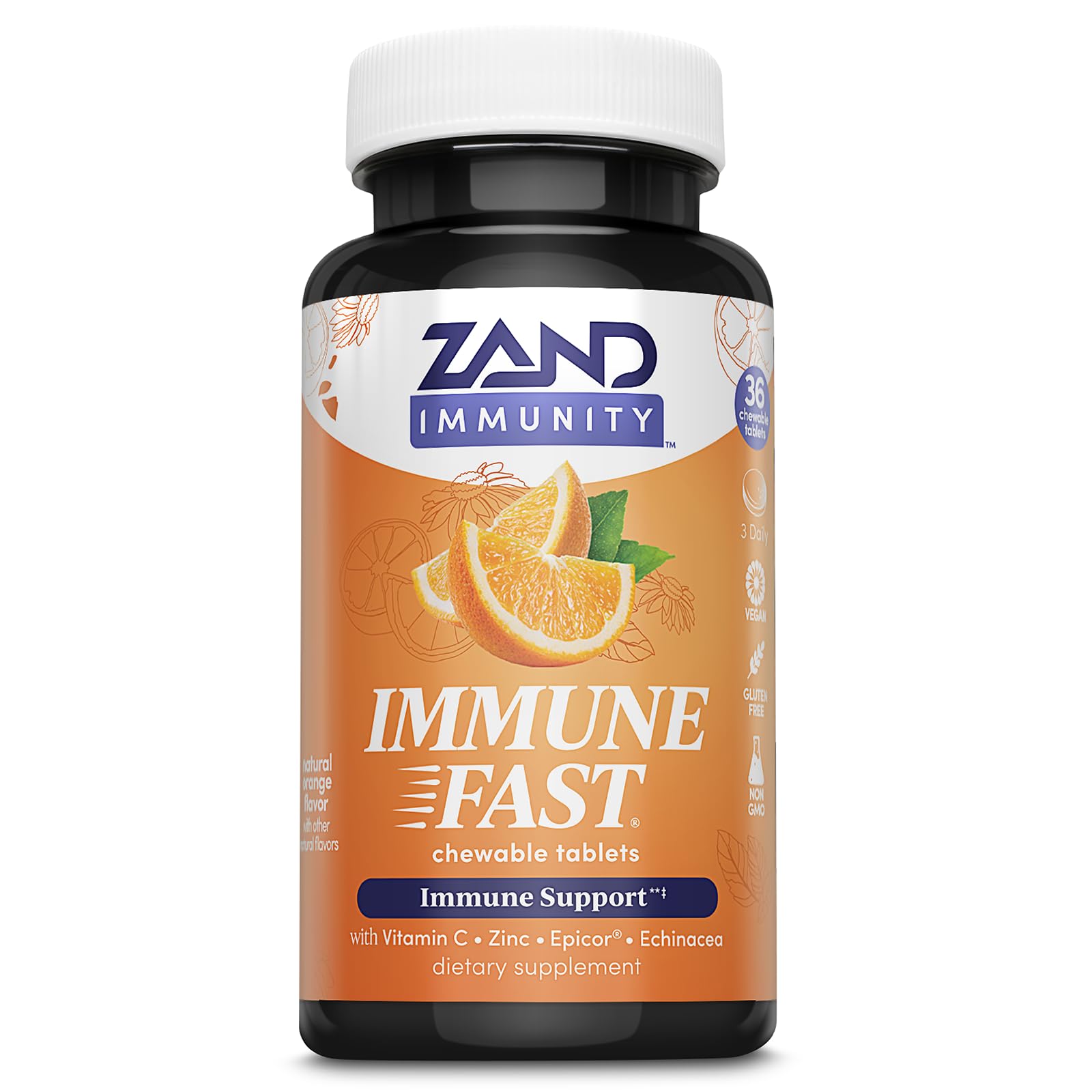 Bottle of ZAND Immunity Fast Immune Orange Chewables on a white background