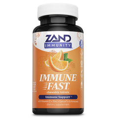 Bottle of ZAND Immunity Fast Immune Orange Chewables on a white background