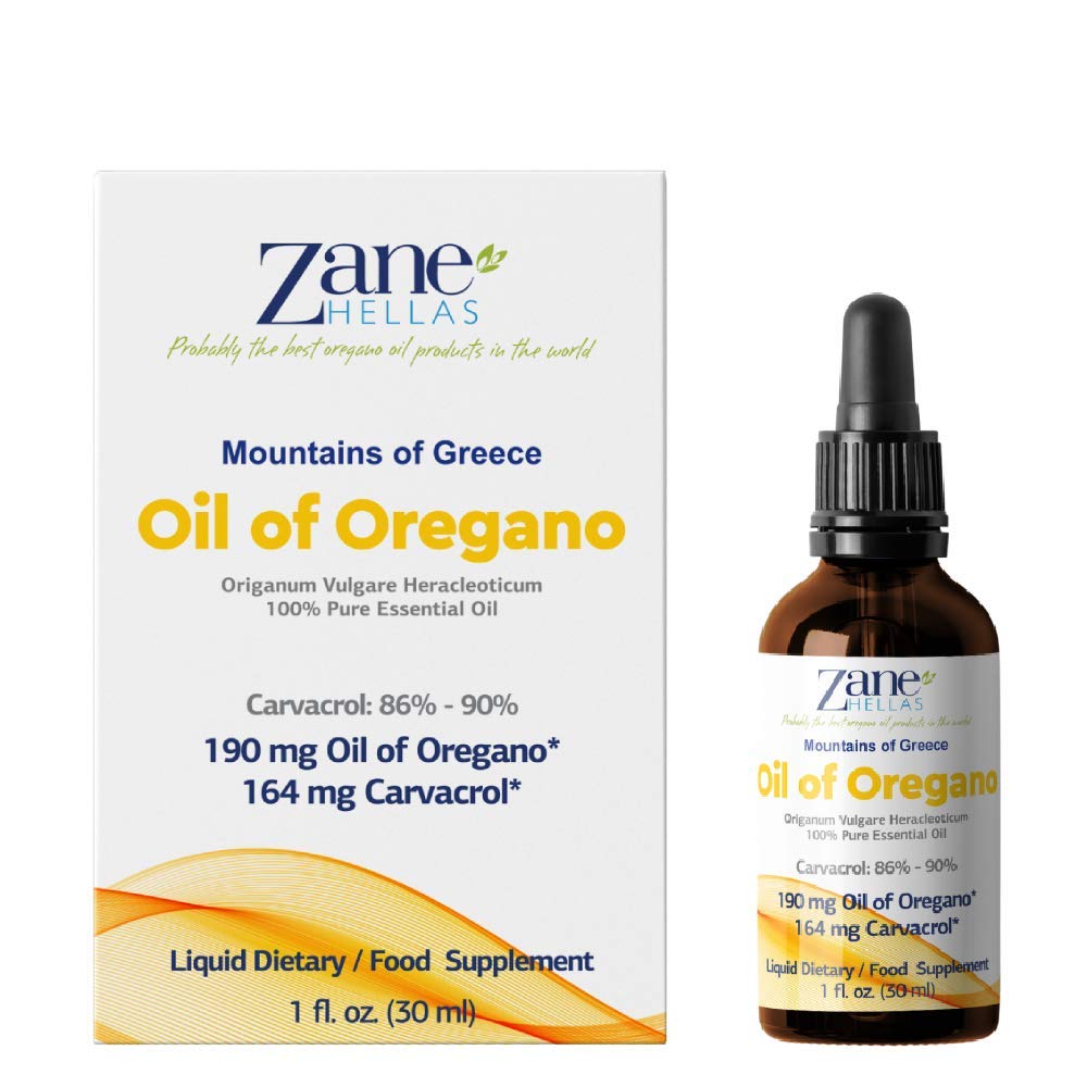 Bottle of Zane Hellas oregano oil with 164 mg carvacrol per serving