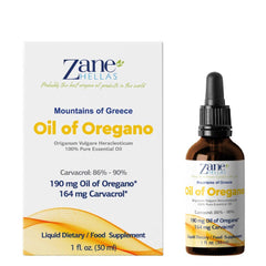 Bottle of Zane Hellas oregano oil with 164 mg carvacrol per serving