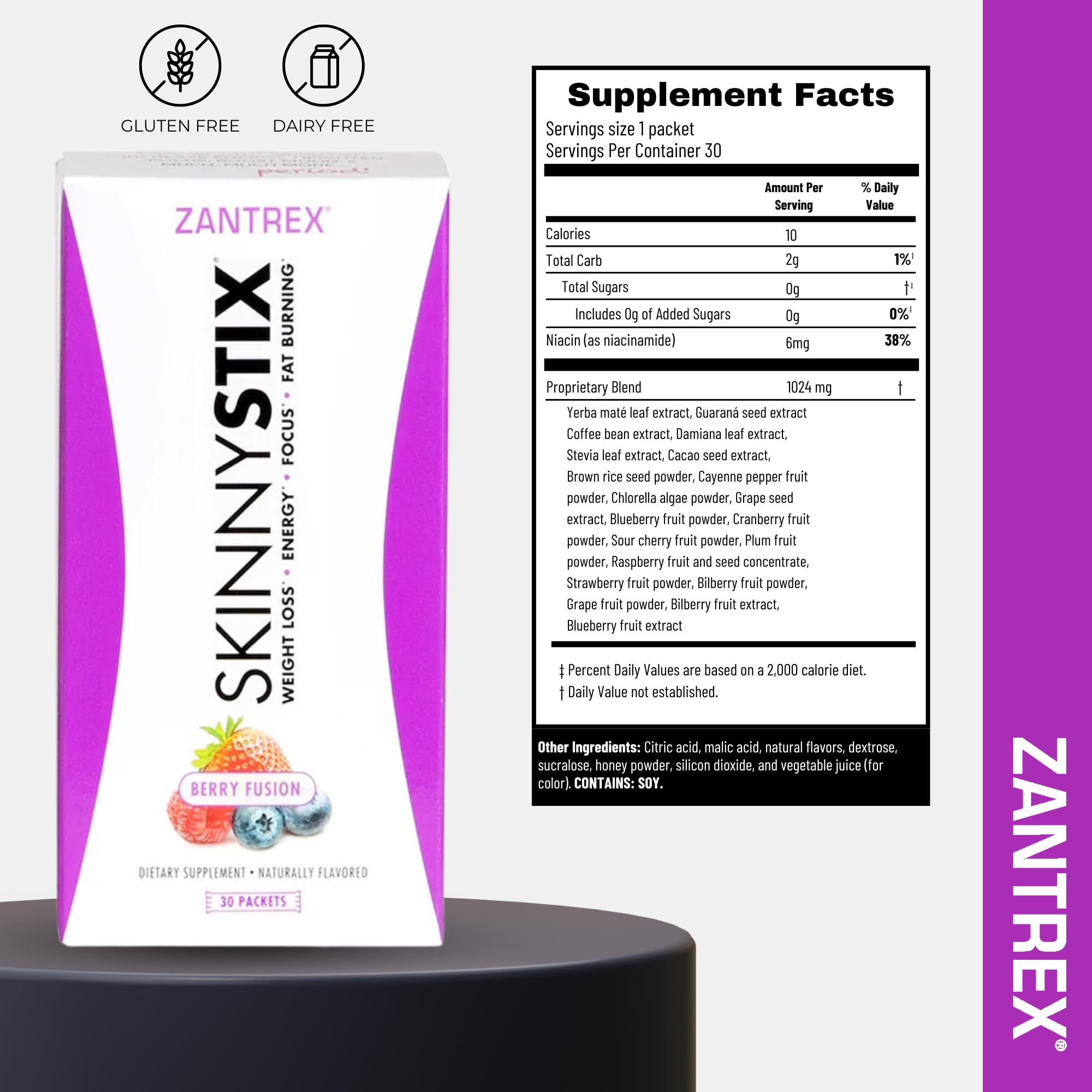 Nutrition facts panel of Zantrex SkinnyStix Berry