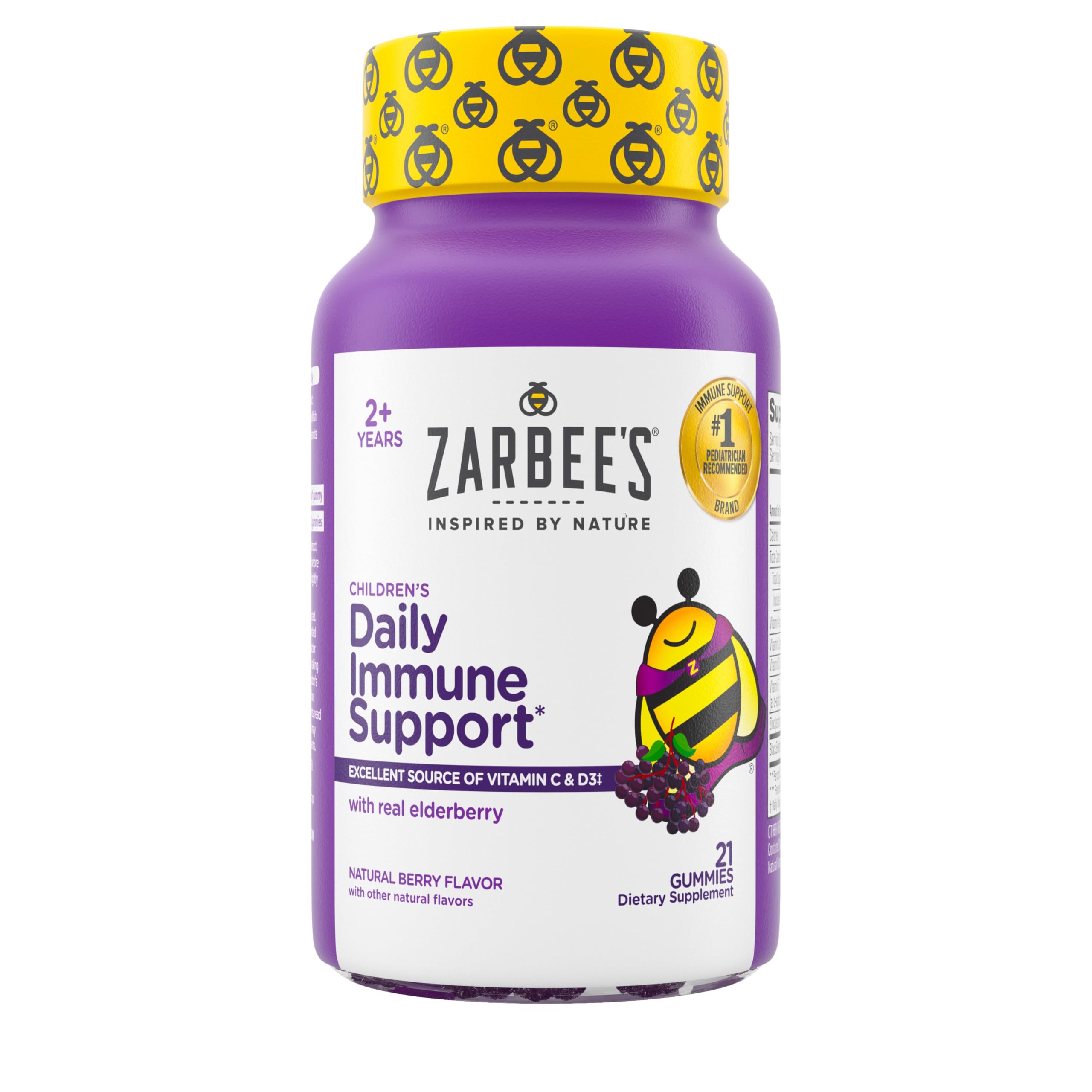 Zarbee’s Elderberry Gummies for Kids bottle shows daily immune support in a natural berry flavor.