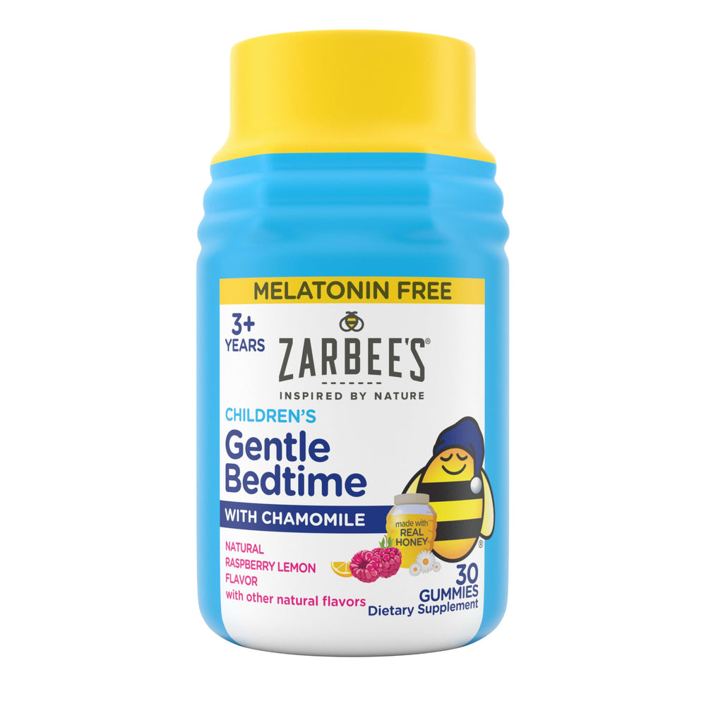 Zarbee's Gentle Bedtime Gummies bottle with raspberry lemon flavor for calming bedtime routine.