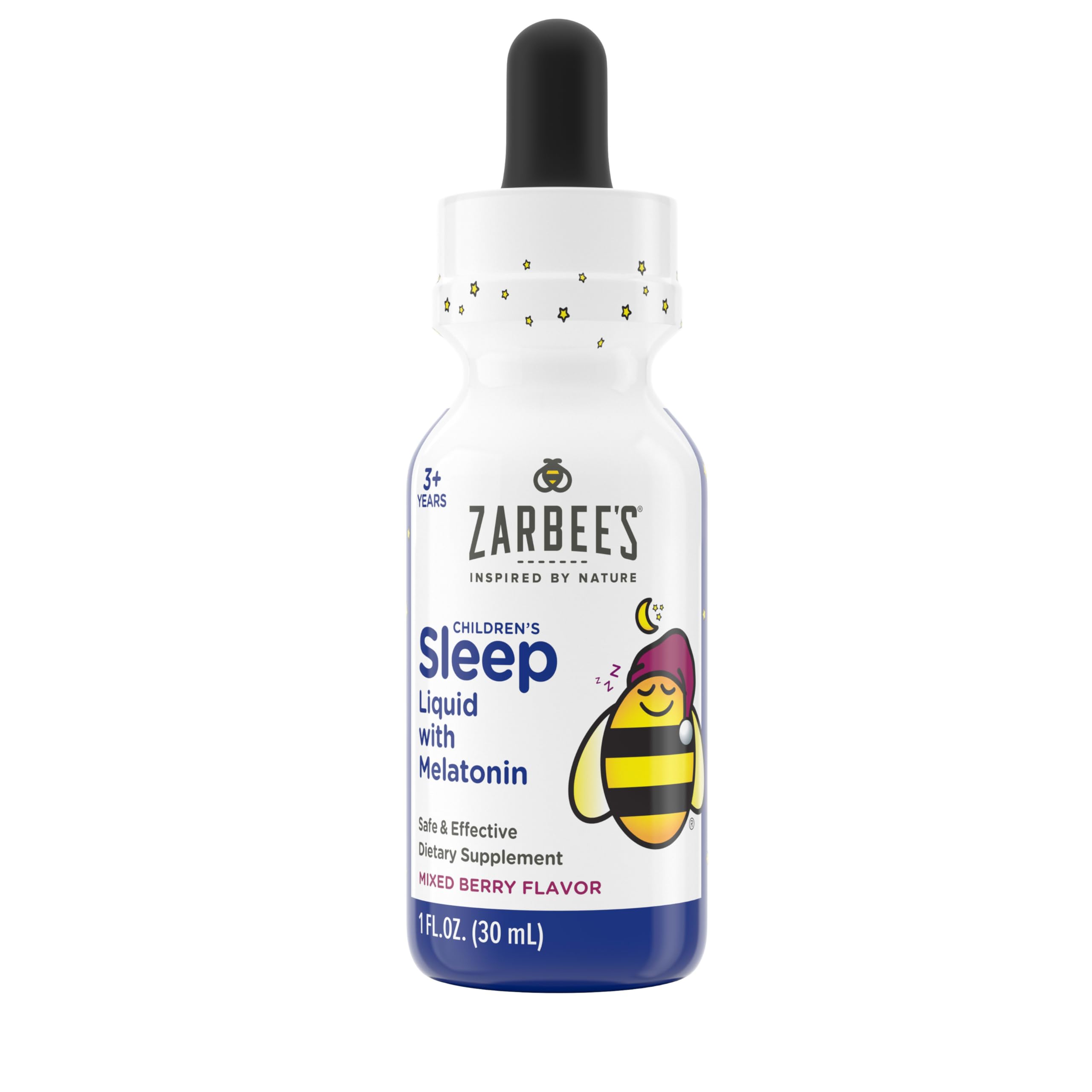 Berry-flavored liquid melatonin serving for kids age 3 and up