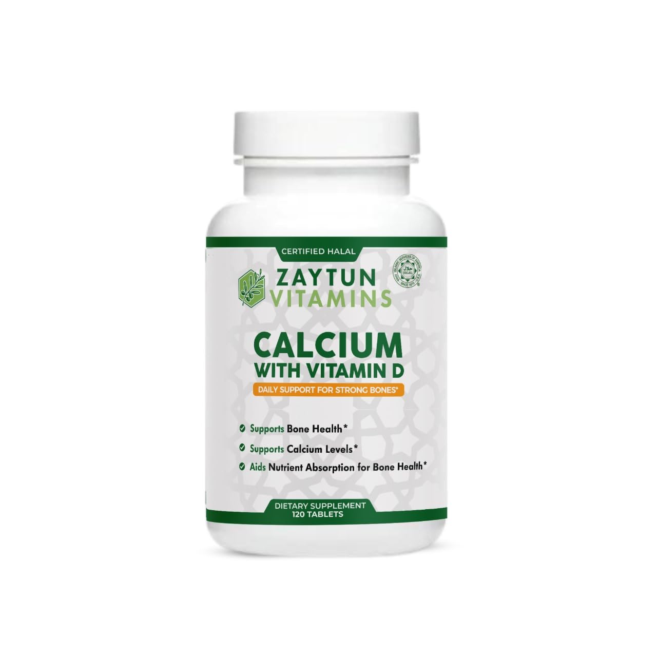 Front view of Zaytun Halal Calcium + Vitamin D3 bottle promoting bone health