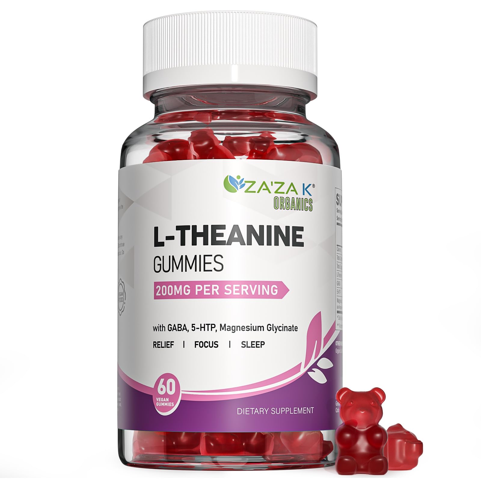 Close-up of ZA'ZA K ORGANICS L-Theanine gummies peach flavor 200mg
