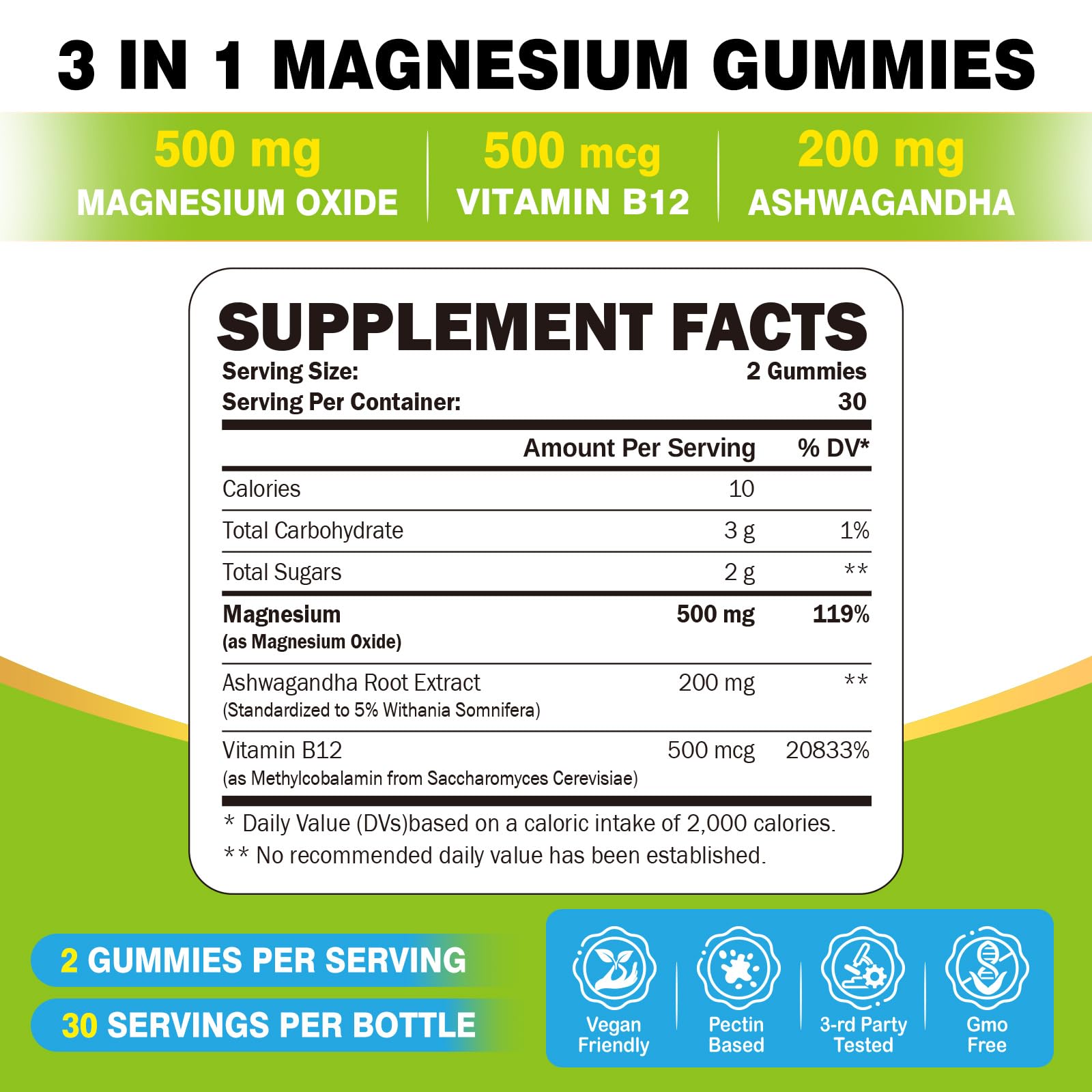 Graphic showing 500mg magnesium oxide per serving in ZA'ZA K ORGANICS gummies