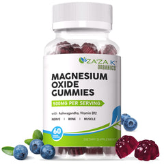 Packaging for ZA'ZA K ORGANICS Magnesium Oxide Gummies in blueberry flavor
