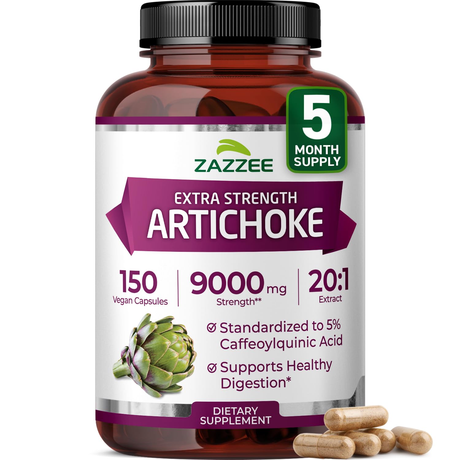 Zazzee Extra Strength Artichoke 20:1 Extract hero image with bottle and capsules