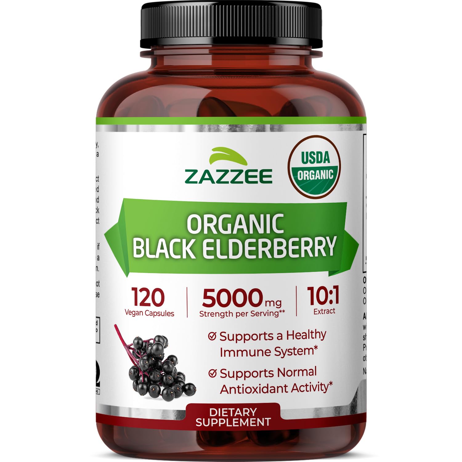 Bottle of Zazzee Black Elderberry extract with 120 vegan capsules