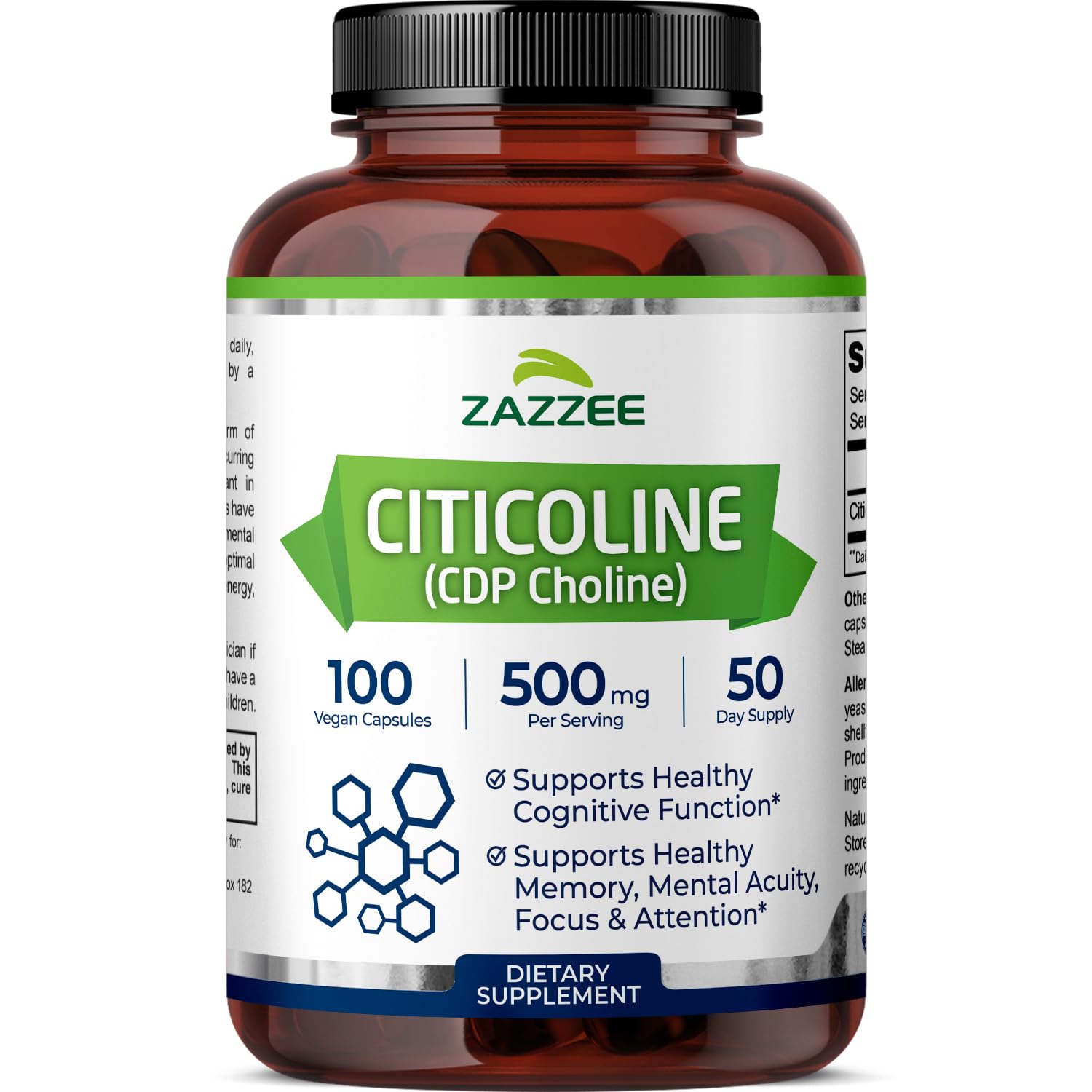 Bottle of Zazzee Citicoline 500 mg with 100 vegan capsules