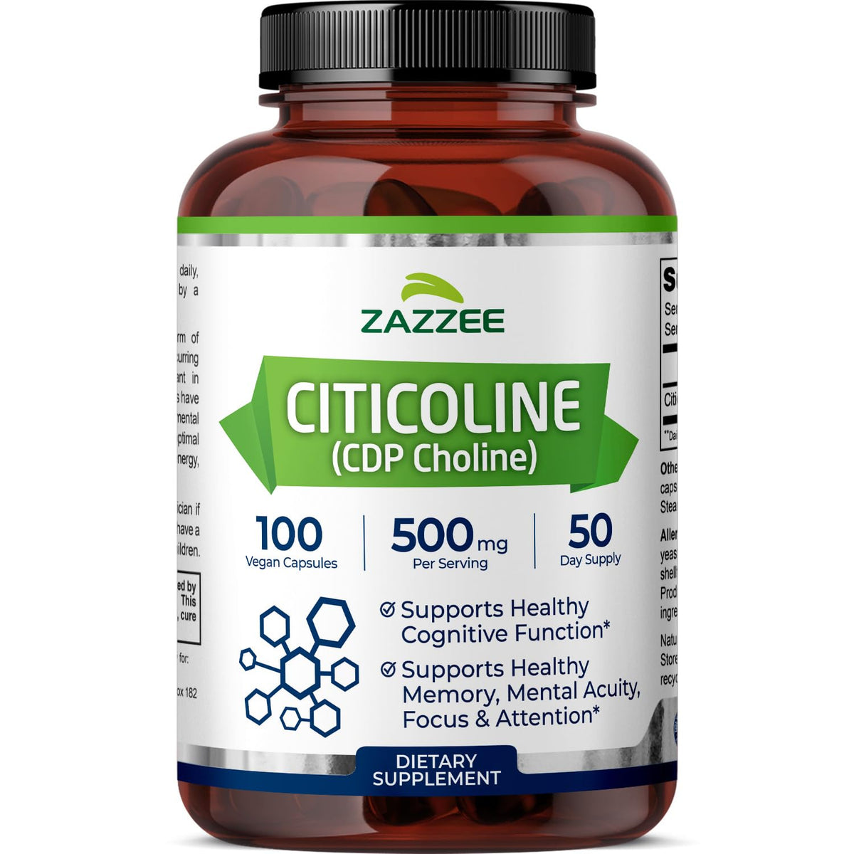 Bottle of Zazzee Citicoline 500 mg with 100 vegan capsules