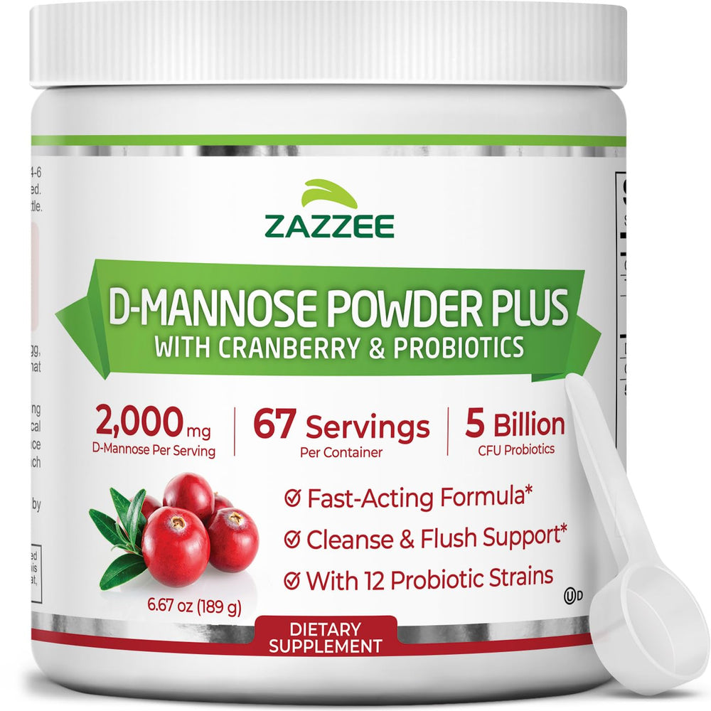 Front view of Zazzee D-Mannose Powder Plus jar (6.5 oz)