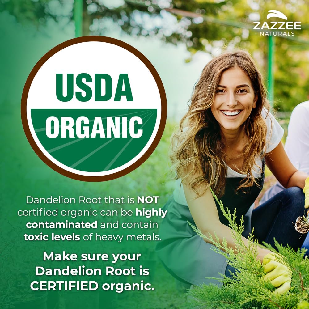 Zazzee Dandelion Root capsules close-up, highlighting potent 10:1 extract for digestion support.